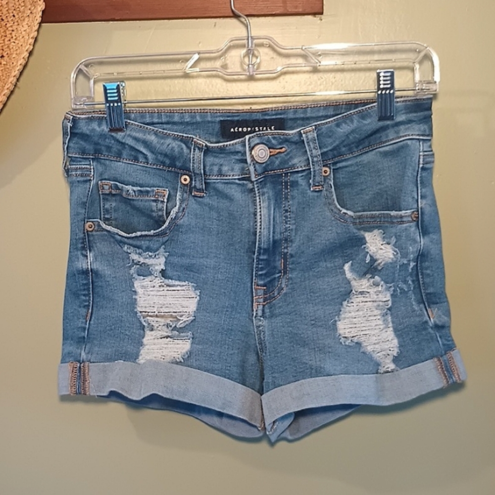 Aeropostale High Rise Midi Jean Shorts Denim Cuffed Waist 28" Size 4
